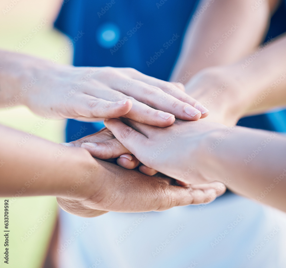 Sports, hands stack and together for baseball team building, match motivation or competition support