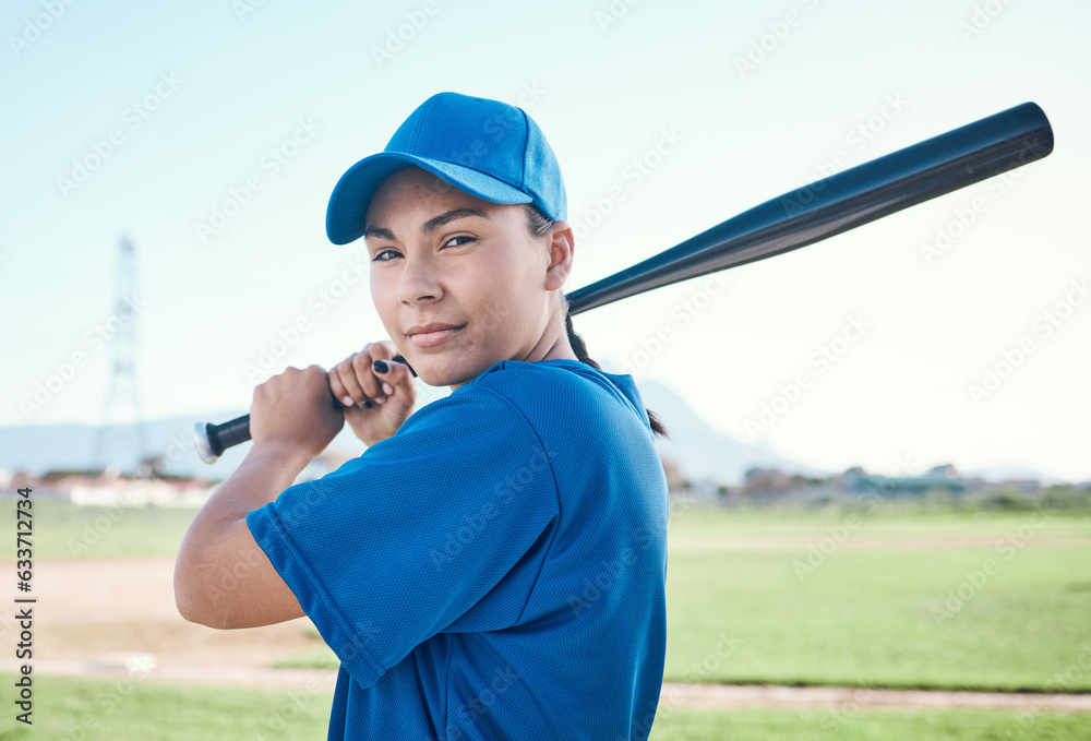 Baseball, bat and portrait of a sports person outdoor on a pitch for performance and competition. Pr