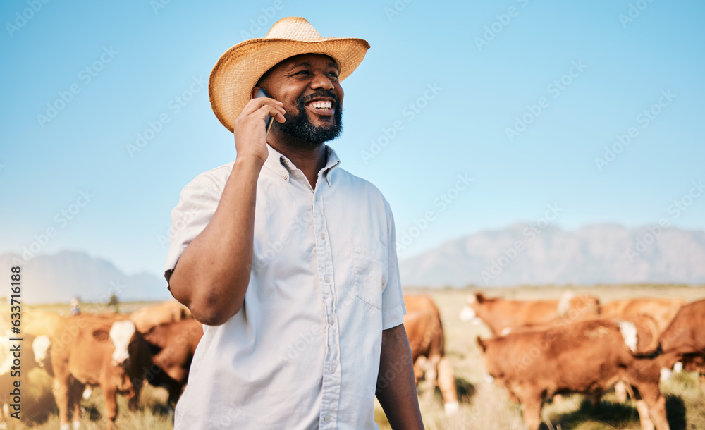 Happy black man, phone call and animals in countryside for farming, communication or networking. Afr