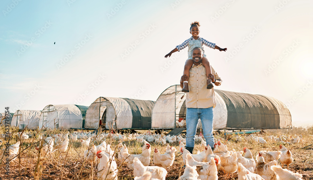 Chicken, farming and family with fun outdoor for sustainability growth and agriculture. Dad, child a