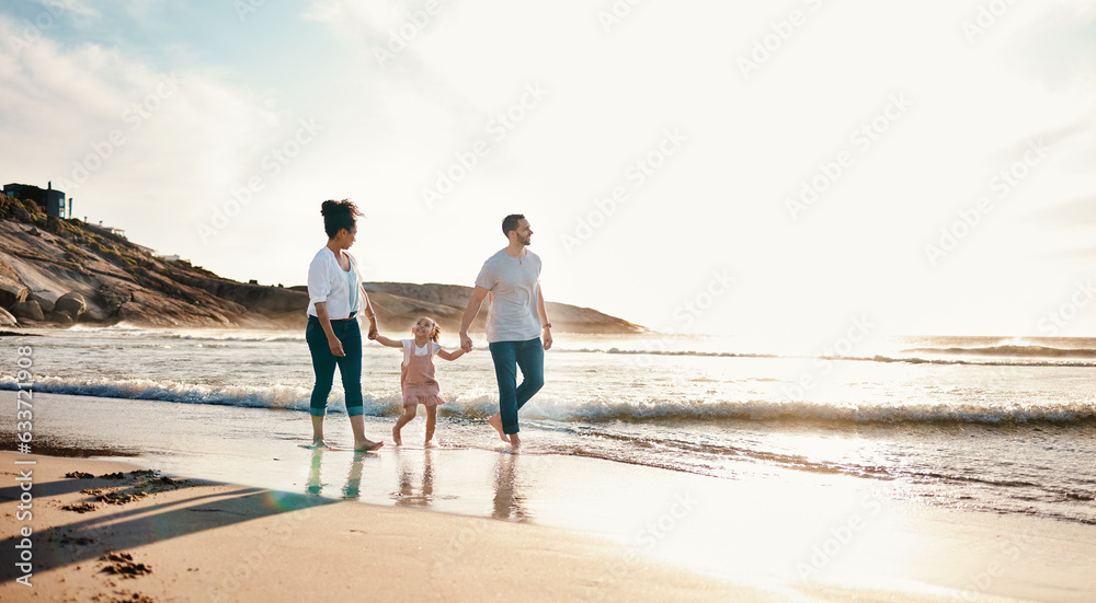 Walking, holding hands and family on the beach at sunset on vacation, adventure or holiday together.