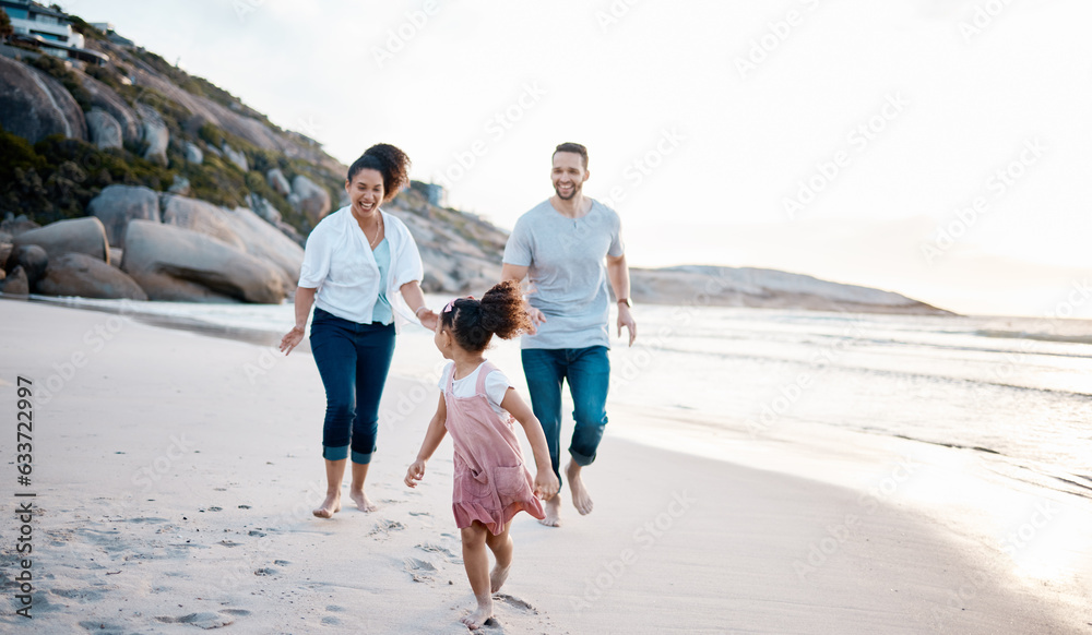 Family, running and happiness on beach, travel with mother, father and kid outdoor, fun together wit