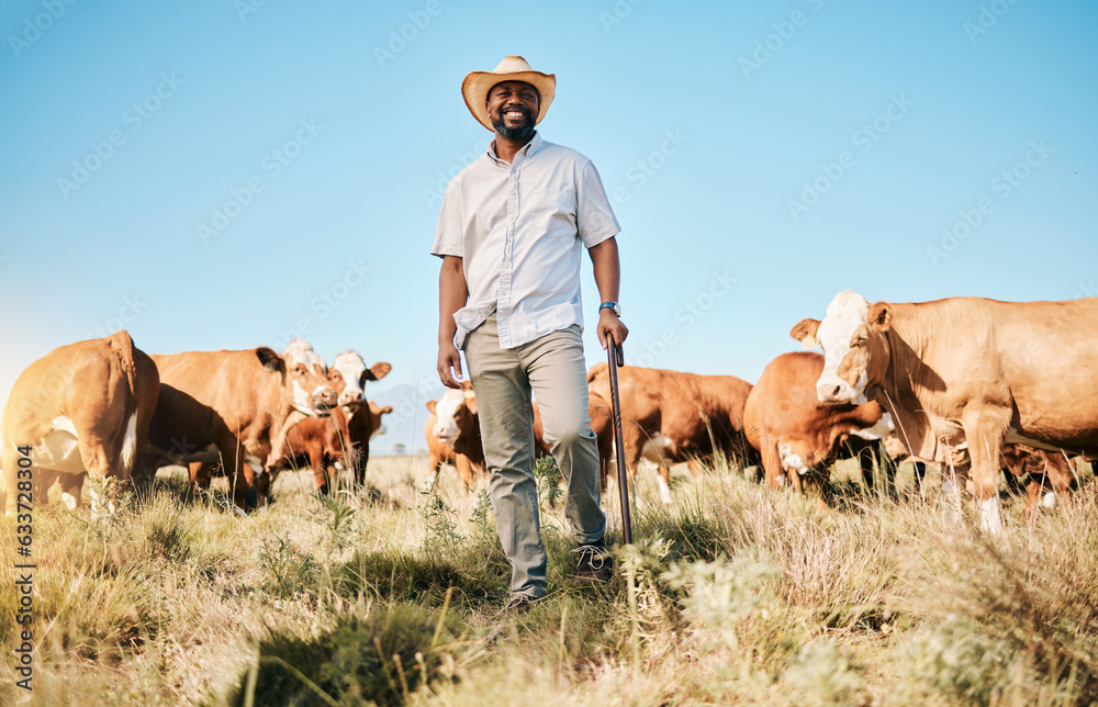 Happy black man, portrait and animals in farming, agriculture or sustainability in the countryside. 