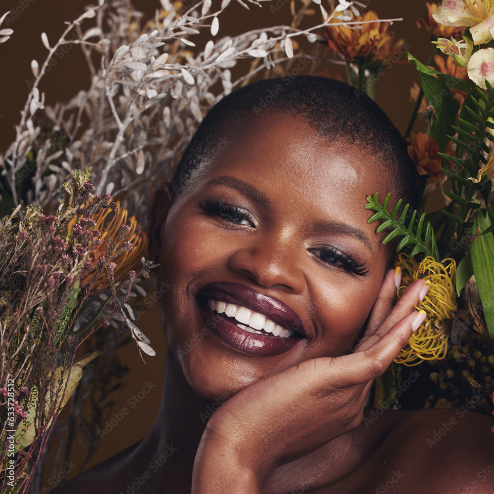 African woman, plants and makeup in studio portrait with beauty, wellness and natural glow by brown 