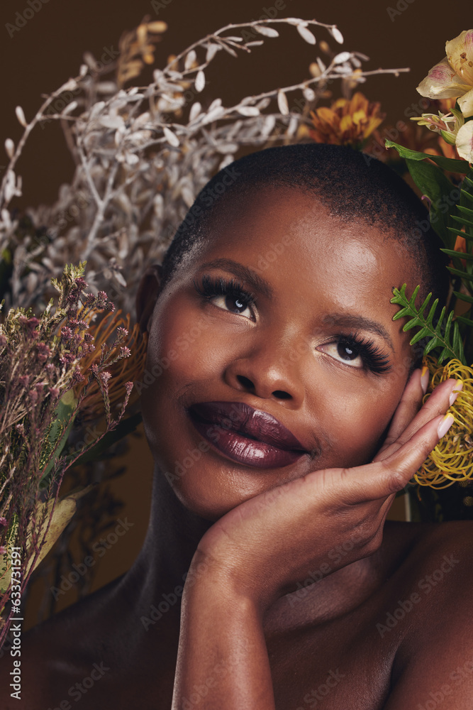 African woman, plants and thinking in studio with flowers for beauty, wellness or natural glow by br