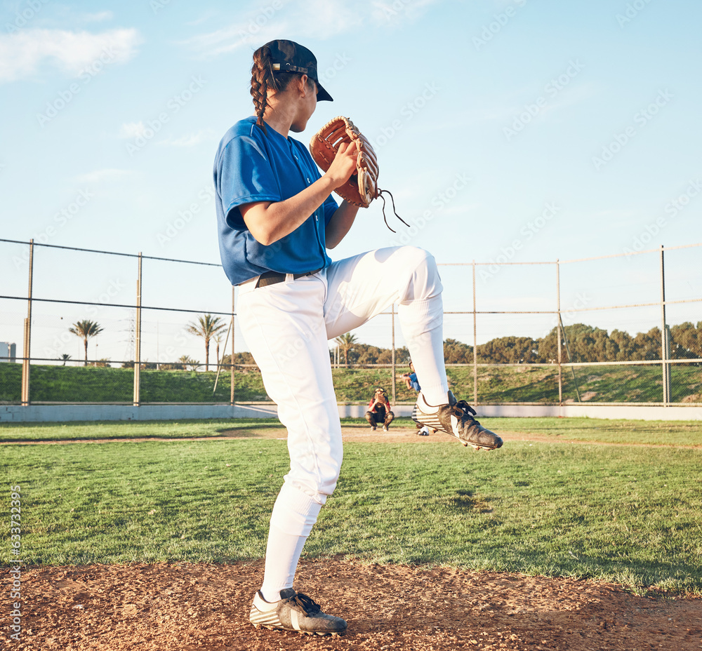 Sports person, pitching and baseball outdoor on pitch for performance and competition. Behind profes