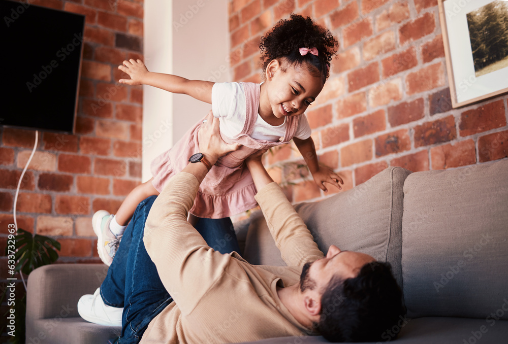 Couch, airplane and father playing child or daughter enjoy game as bonding for care together in a ho