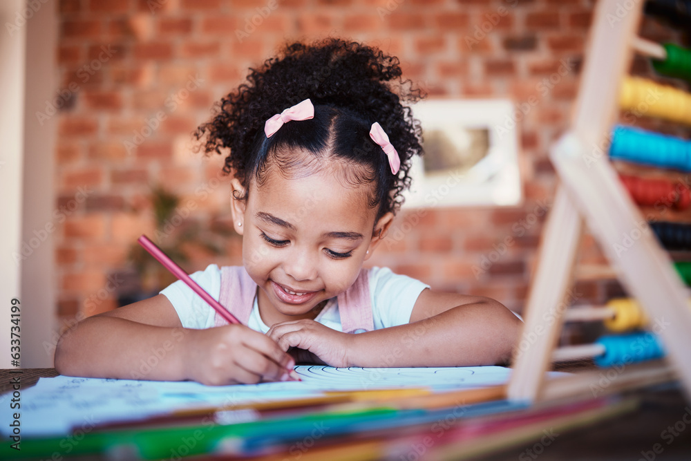 Homework, writing and child drawing at home with study, learning and smile for project. Young girl, 