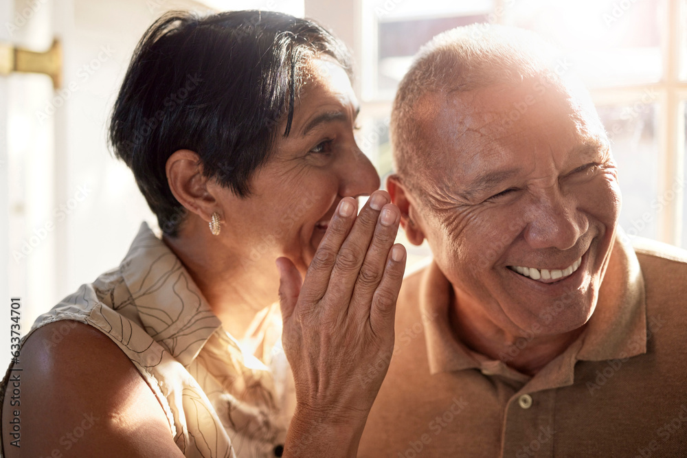 Elderly couple, gossip and laugh in retirement home from secret and conversation with smile. Did you