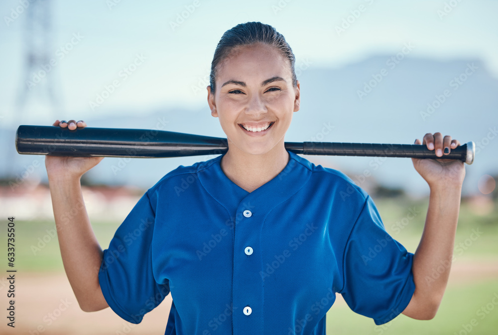 Sports, portrait and woman with a baseball, bat and smile at a field for training, workout or match 