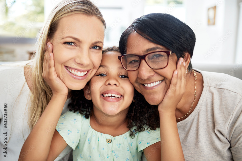 Interracial family, portrait and home with smile, bonding and care with grandmother, mom and child. 