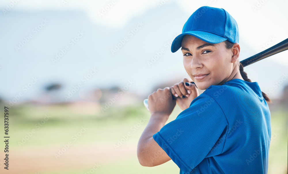 Baseball, bat and portrait of a woman outdoor on a pitch for sports, performance and competition. Pr