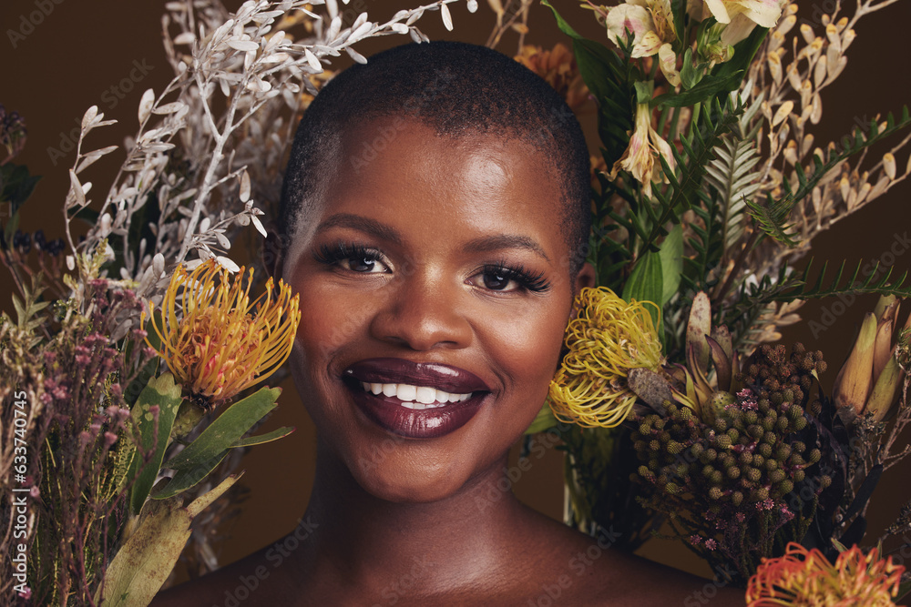 African woman, flowers and makeup in studio portrait with beauty, wellness or natural glow by brown 