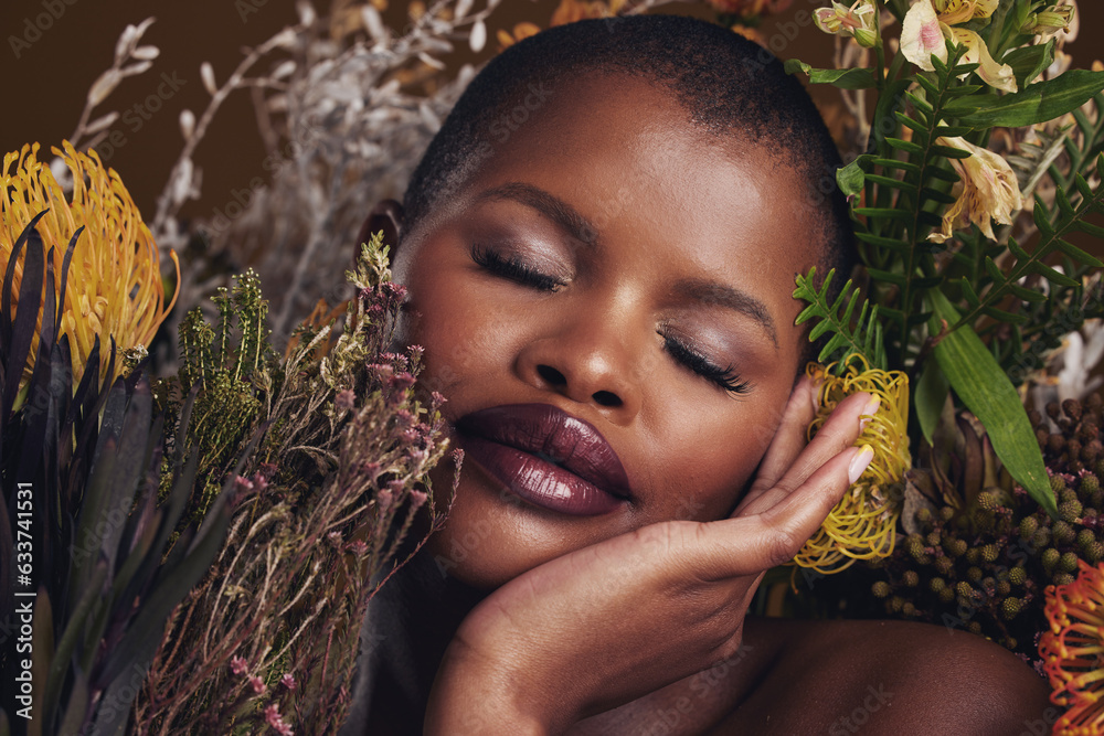 Beauty, makeup and plants with face of black woman in studio for natural, spa and environmental. Cos