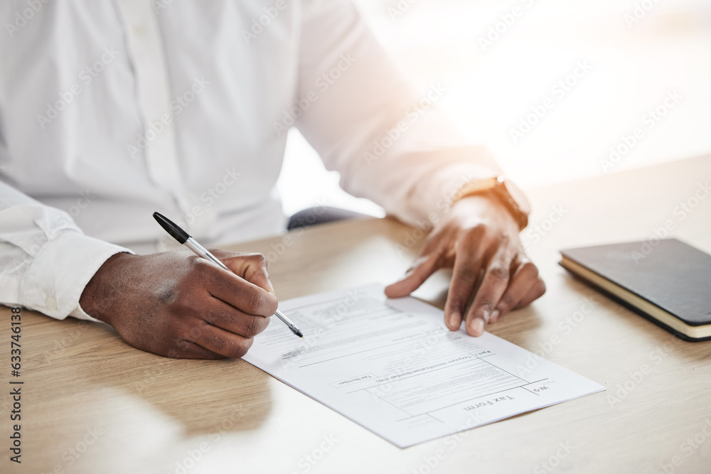 Closeup, business and man with a document, writing and insurance with a pen, planning and form. Zoom