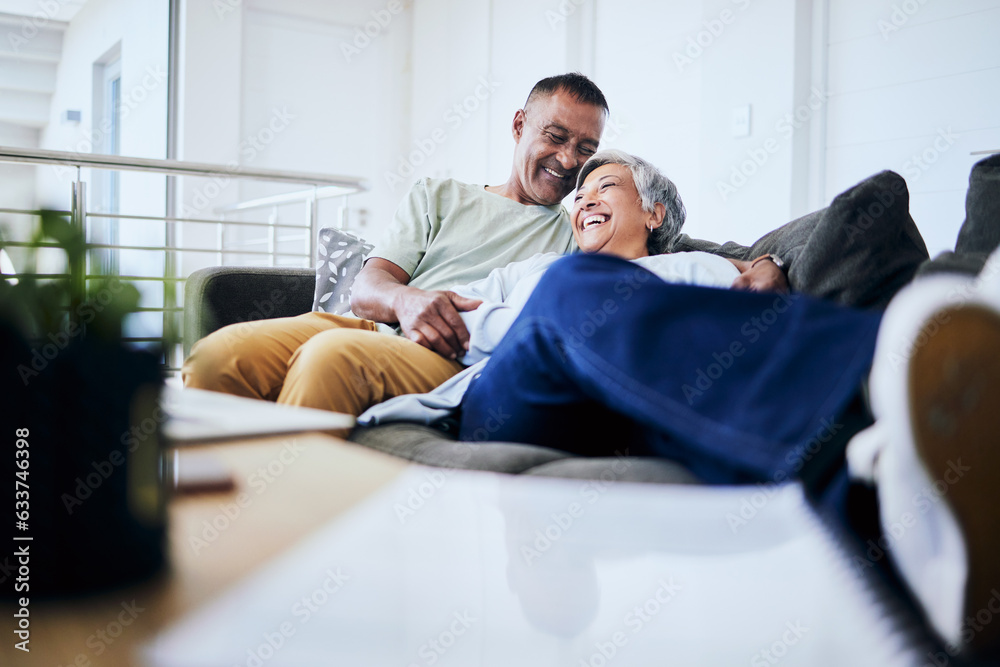 Smile, home and senior couple on couch, love and retirement with marriage, laughing and relax. Old m