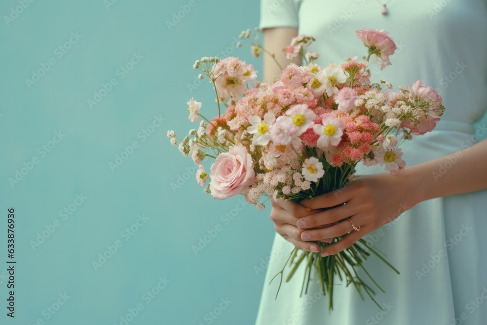 Woman holding flower bouquet.