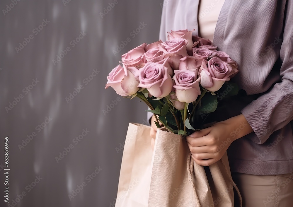 Woman holding flower bouquet.