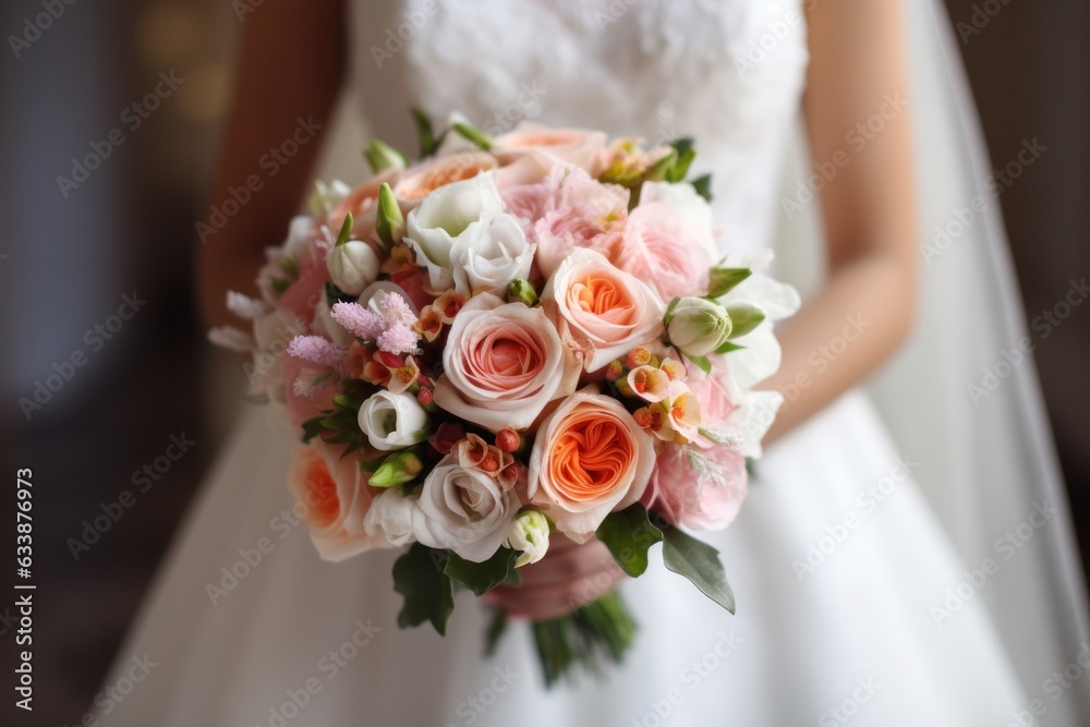 A beautiful bride holding her pink and white wedding bouquet