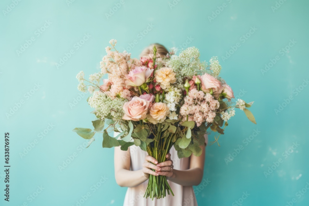 Woman holding flower bouquet.