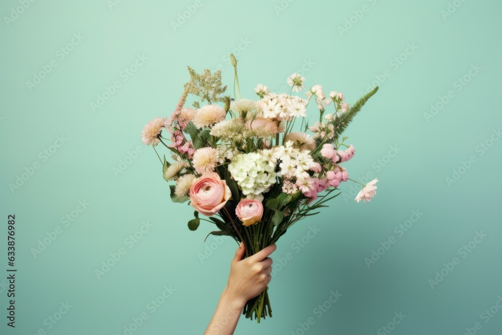 Woman holding flower bouquet.