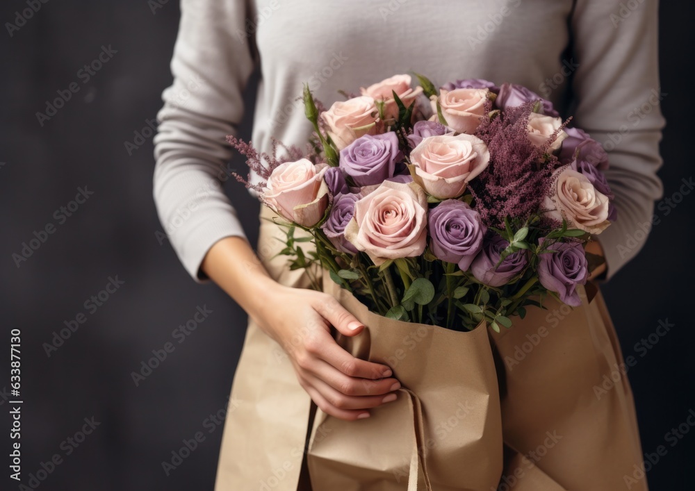 Woman holding flower bouquet.