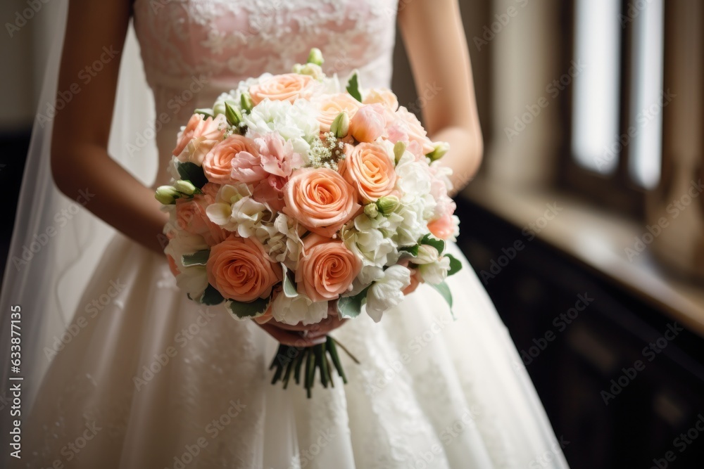 A beautiful bride holding her pink and white wedding bouquet