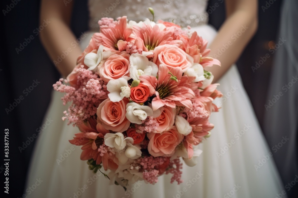 A beautiful bride holding her pink and white wedding bouquet