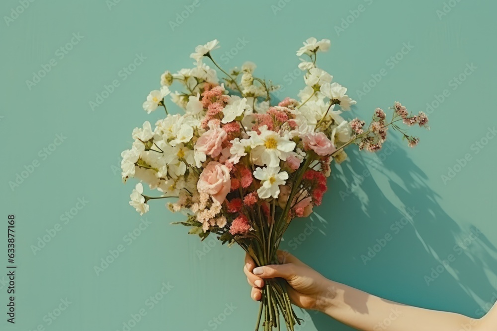 Woman holding flower bouquet.