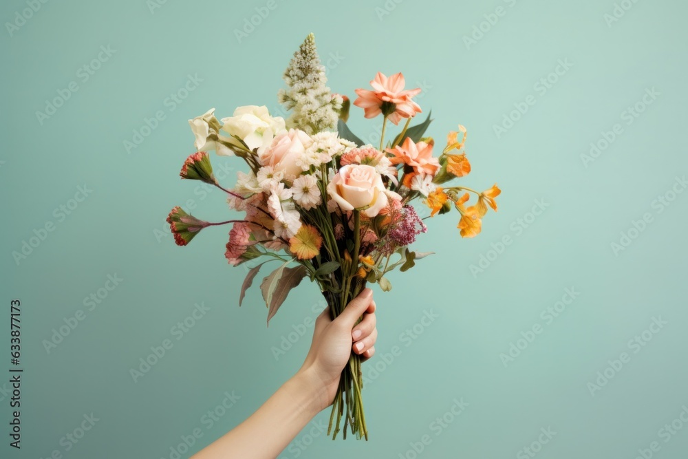 Woman holding flower bouquet.