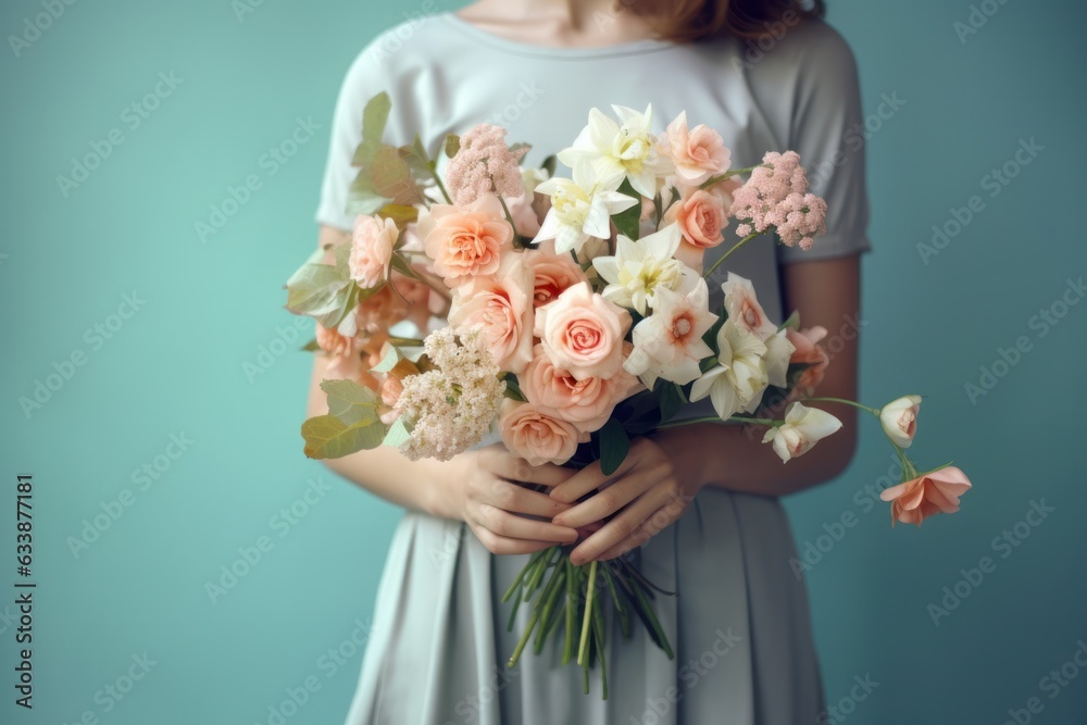 Woman holding flower bouquet.