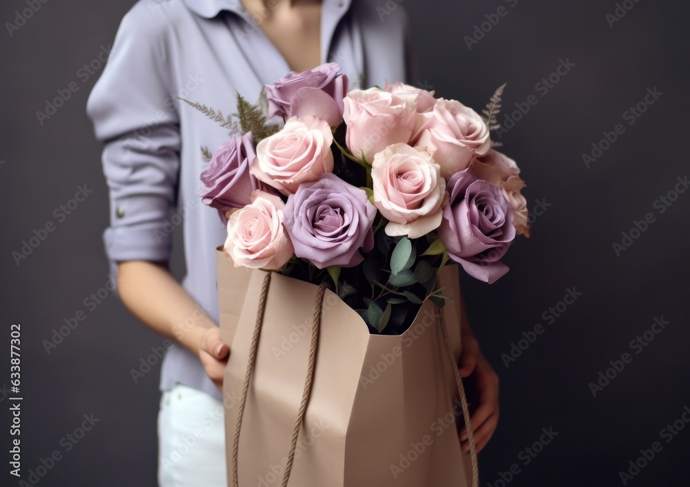 Woman holding flower bouquet.