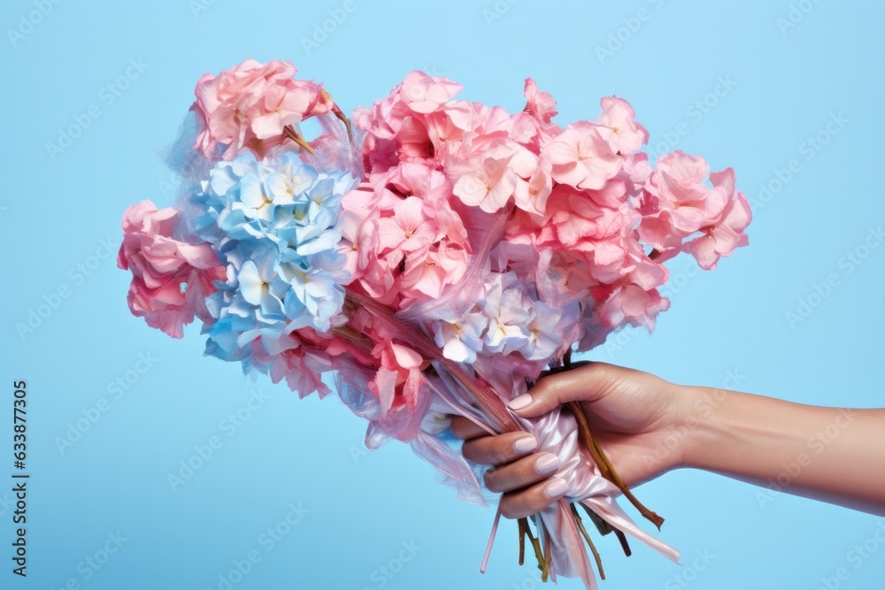 Woman holding flower bouquet.