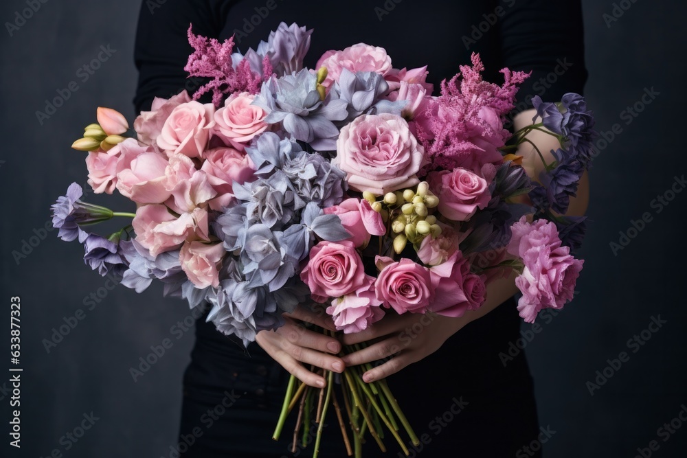 Woman holding flower bouquet.