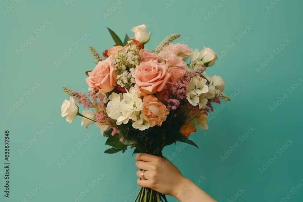 Woman holding flower bouquet.