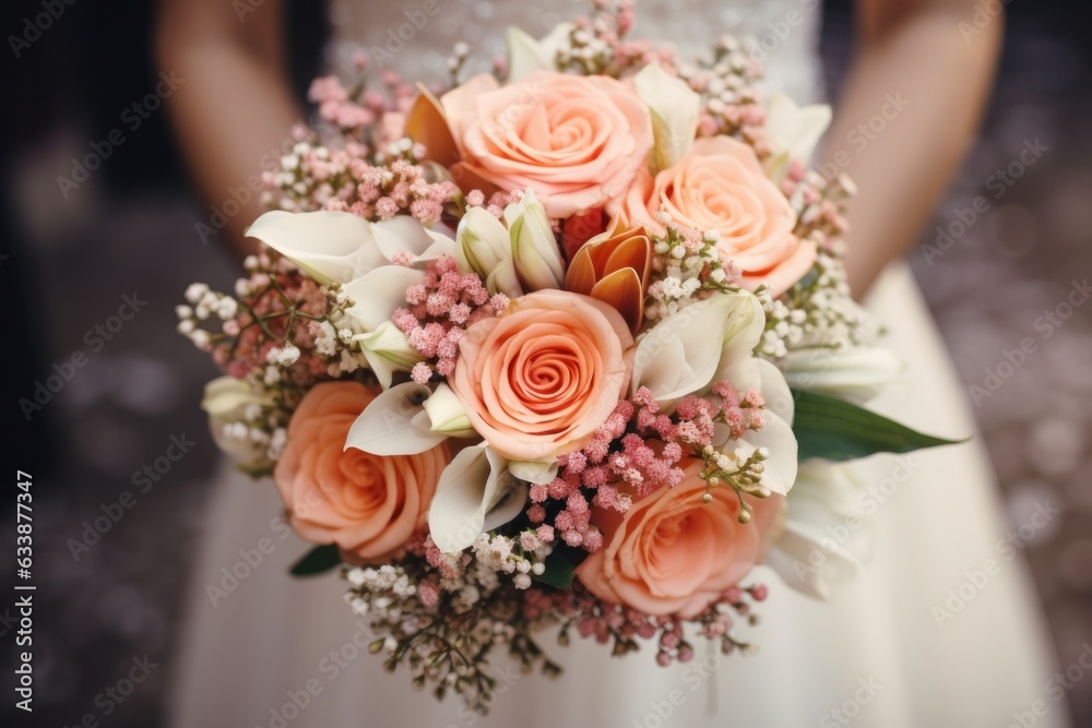 A beautiful bride holding her pink and white wedding bouquet