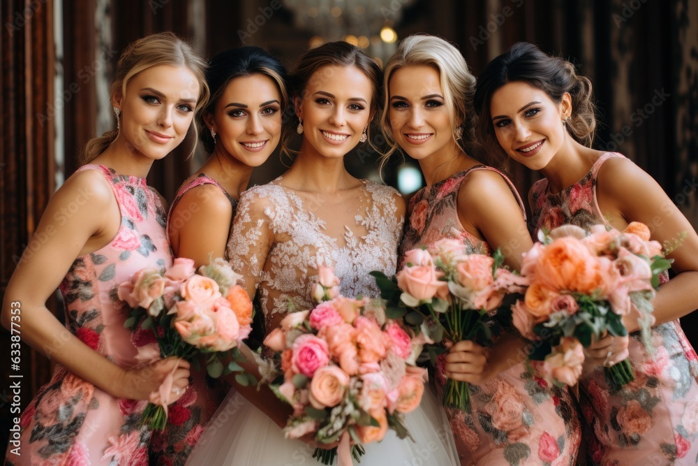 Bridesmaids in the background, with pink and white flowers