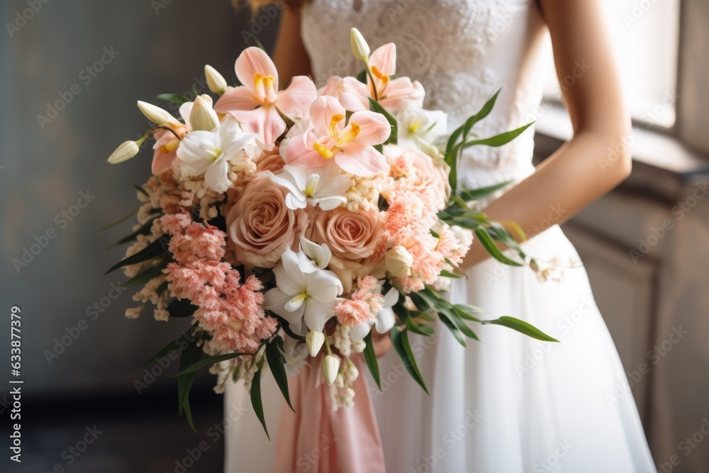 A beautiful bride holding her pink and white wedding bouquet