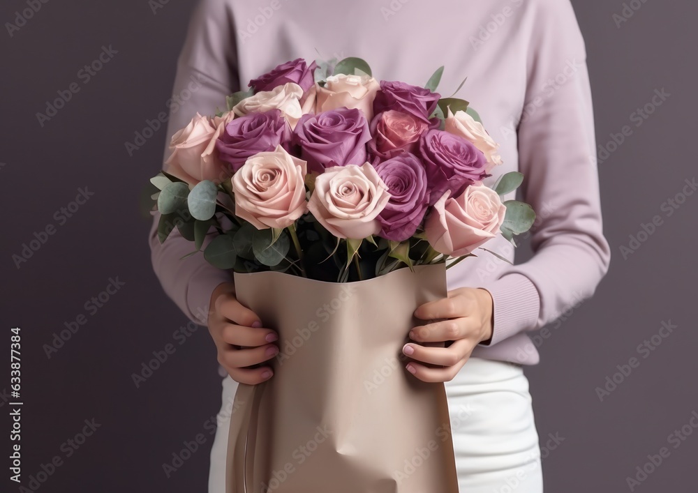 Woman holding flower bouquet.