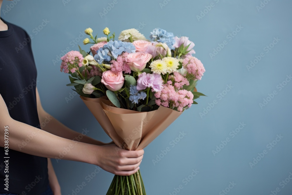 Woman holding flower bouquet.