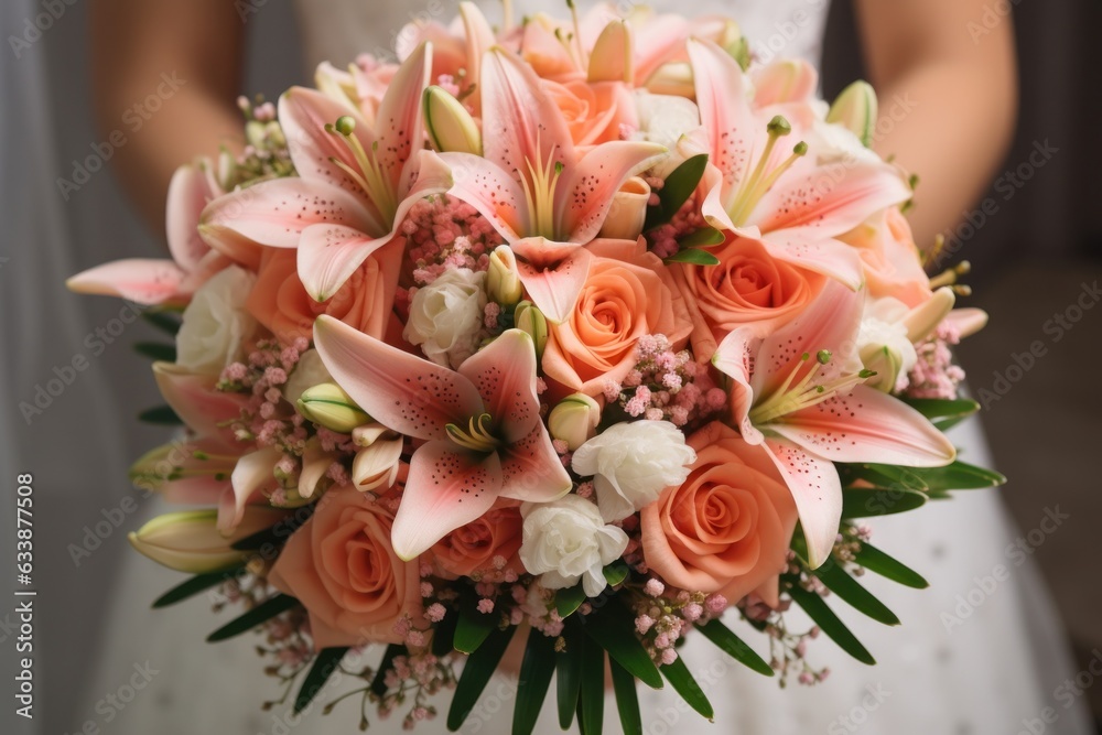 A beautiful bride holding her pink and white wedding bouquet