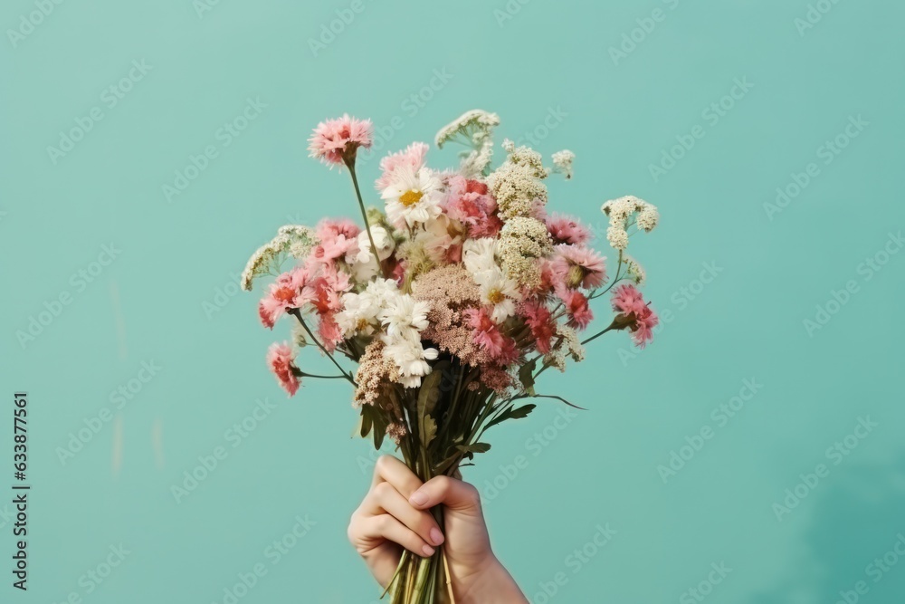 Woman holding flower bouquet.