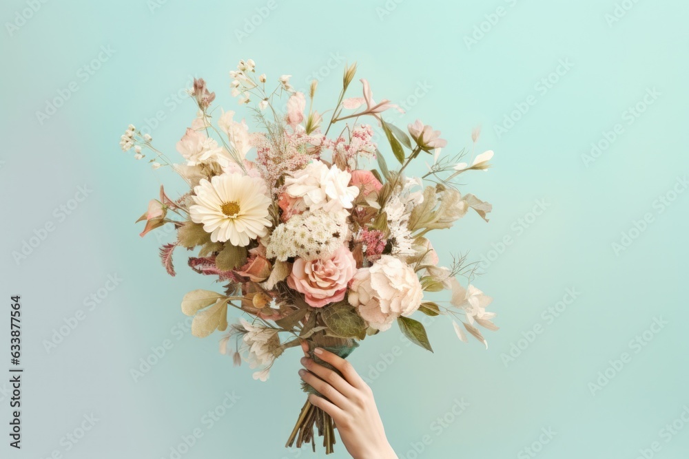 Woman holding flower bouquet.