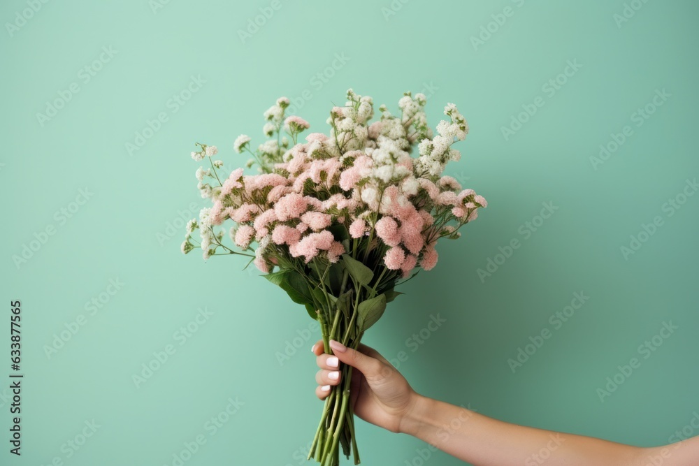 Woman holding flower bouquet.