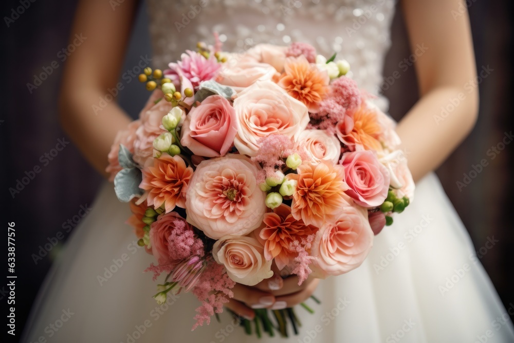 A beautiful bride holding her pink and white wedding bouquet