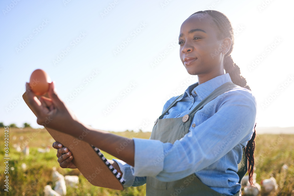 Clipboard, black woman and egg at farm for inspection, supply chain or quality control in countrysid