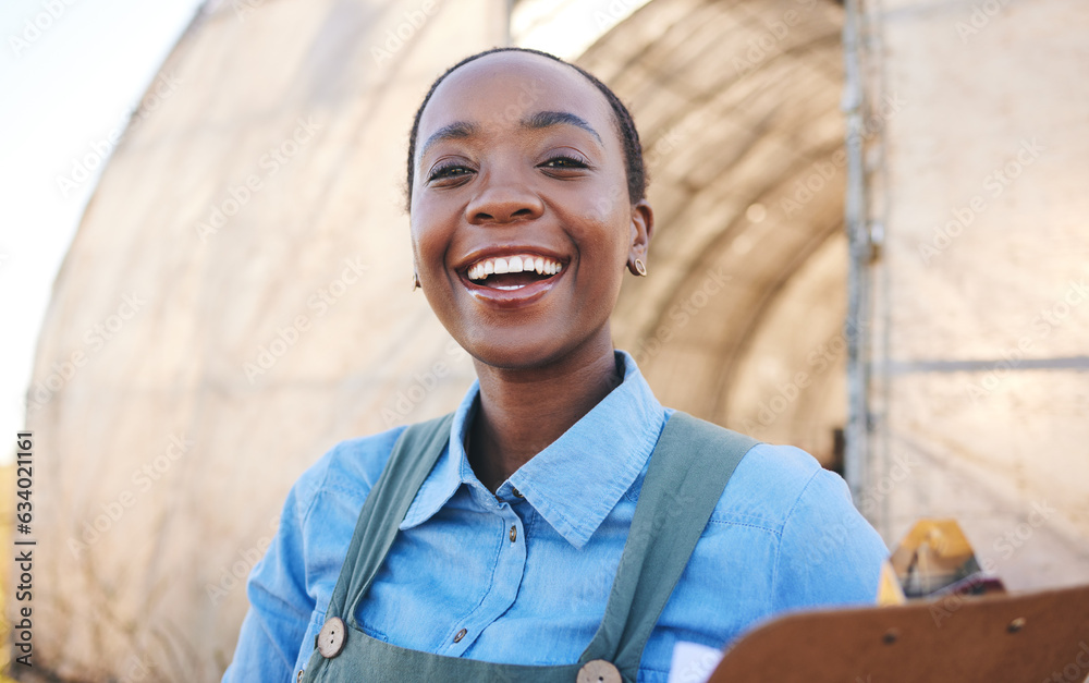 Portrait, black woman and farm with clipboard for sustainability, management or quality control in c