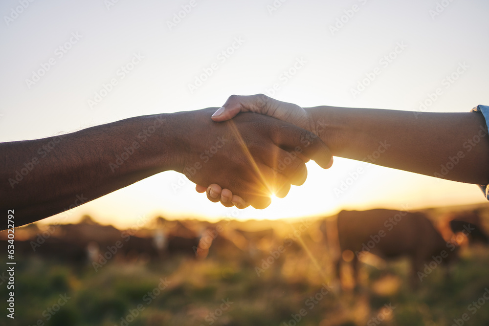 Welcome, handshake and people with b2b farm deal for agriculture, partnership or small business supp