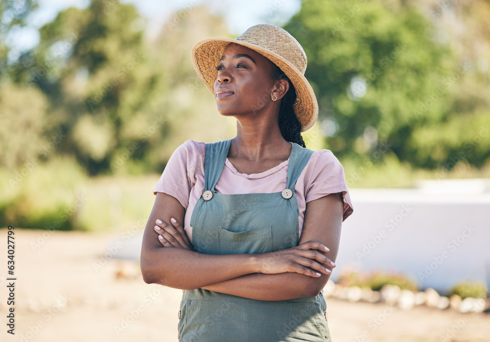 Black woman, thinking and farmer with arms crossed in nature for sustainability outdoor. Idea, agric