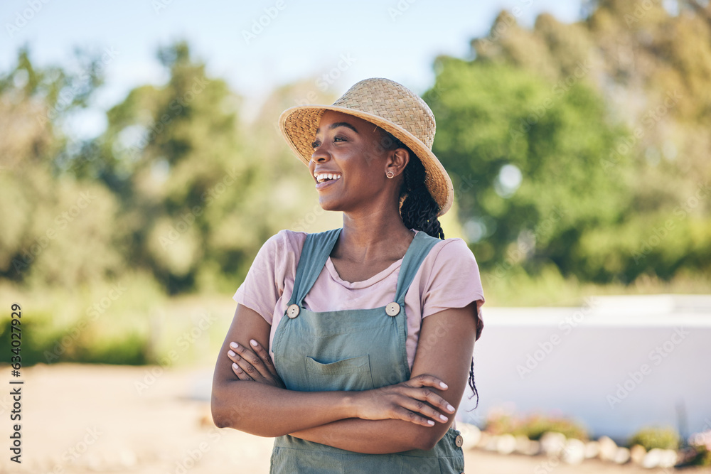 Thinking, black woman and farmer with arms crossed, happy and sustainability outdoor. Idea, agricult